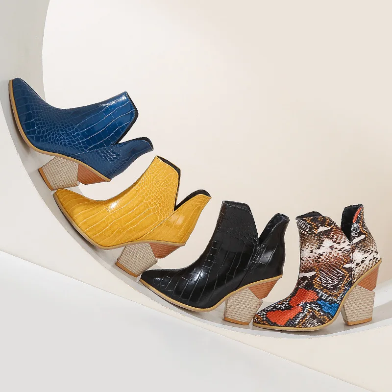 

BT-898 New fashion snake skin print low boots for women with wedge chunky high heels fall women's ankle boots, Picture show