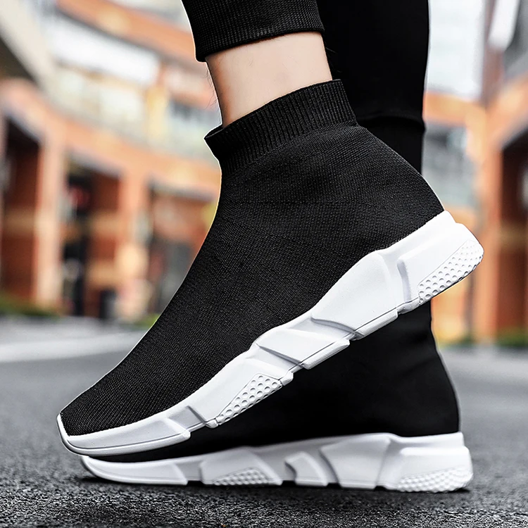 

DHL Free Shipping Men Fashion Sneakers High Quality Flying Woven High Top Socks Lightweight Walking Shoes, Black red