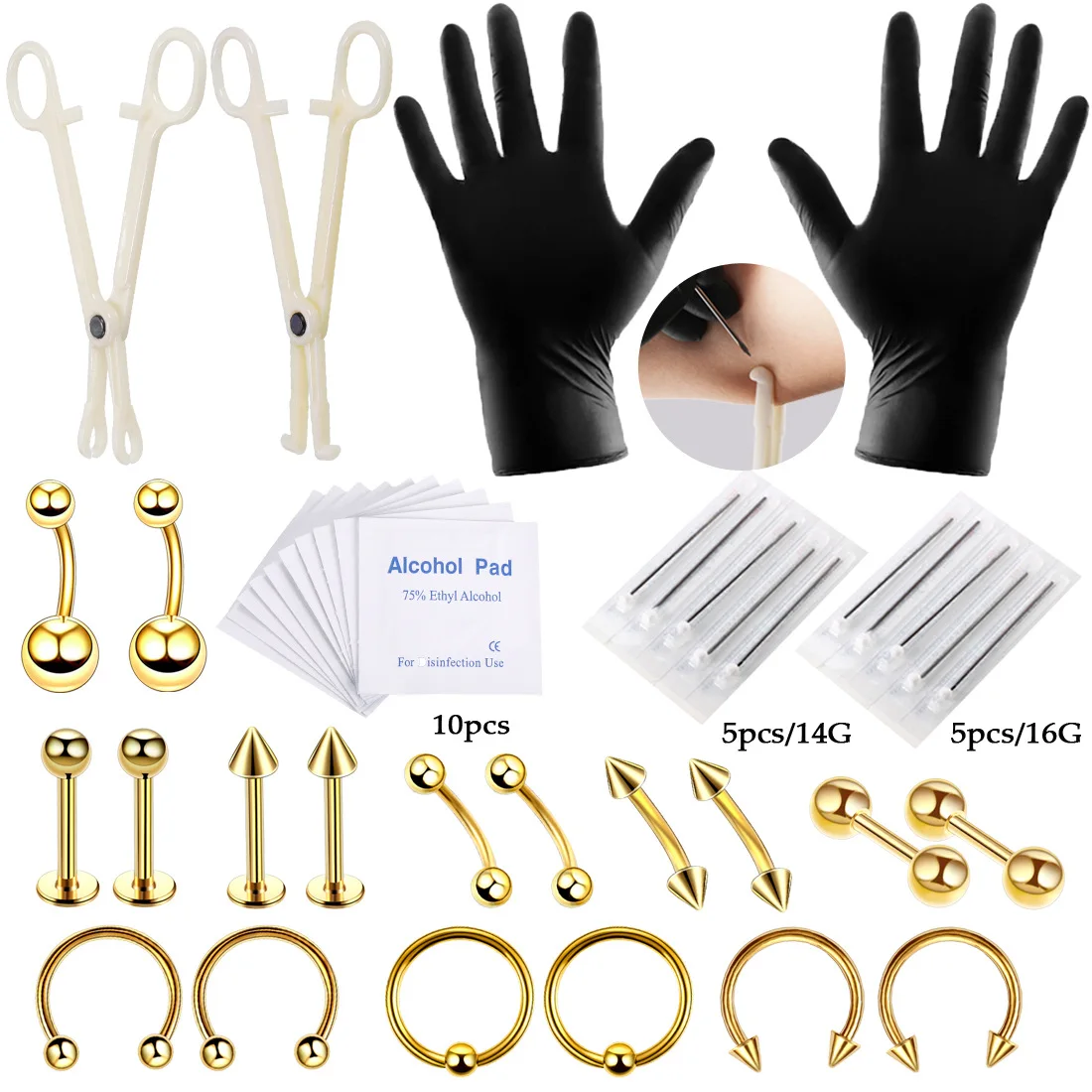 

New 42-Piece Stainless Steel Piercing Set Human Body Piercing Jewelry Set Tool Belly Button Nasal Nail Piercing Set, Picture shows