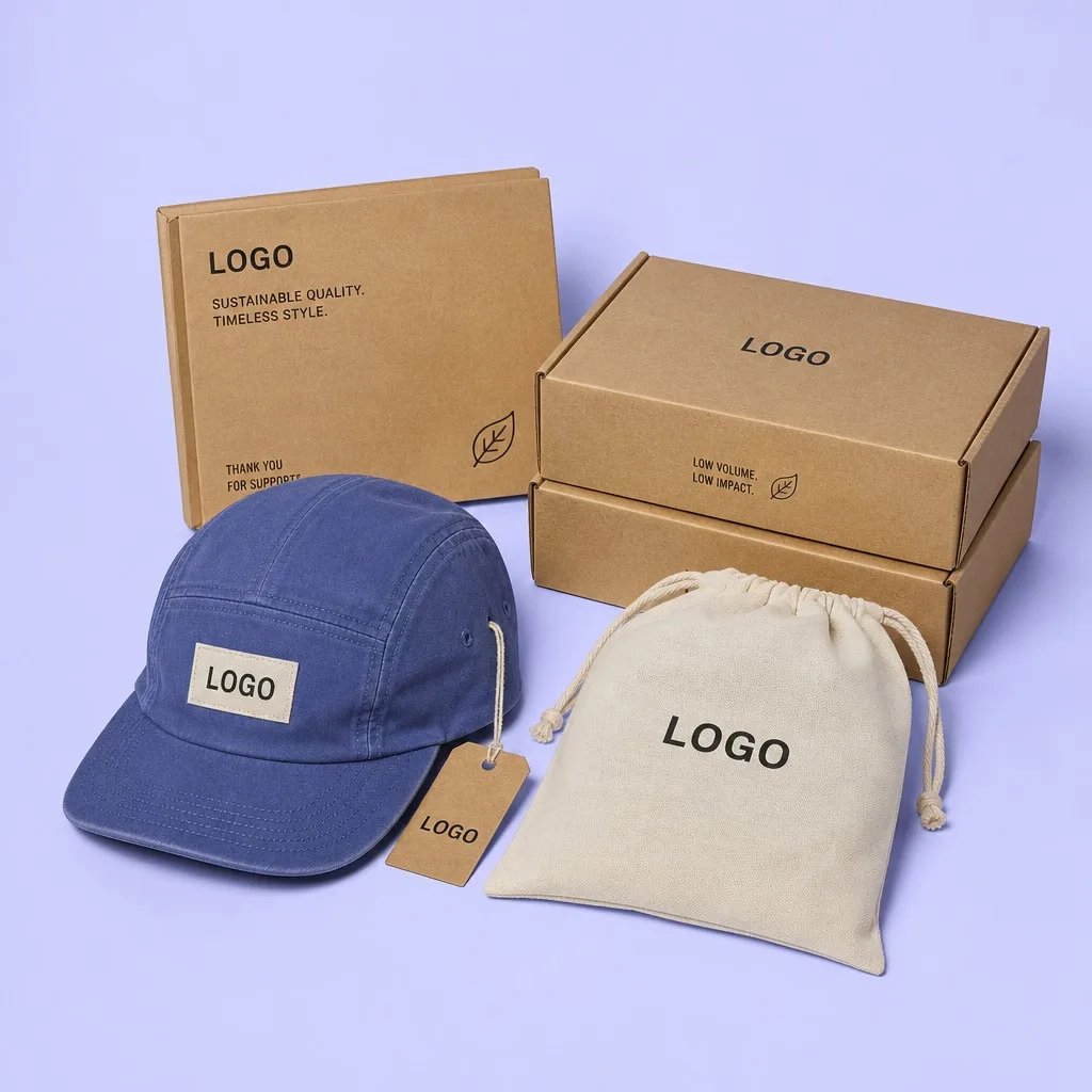 Washed Blue 5-Panel Cap with Kraft Hang Tag, Unbleached Cotton Drawstring Pouch, and 2 Eco Kraft Mailer Boxes