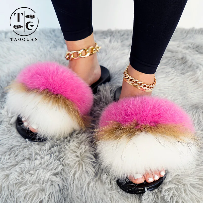 

Female Furry Summer Women's Fur Slippers Real Fox Fur Sandals Fashion Raccoon Fuzzy Open Toe Fur Slides, Customized color