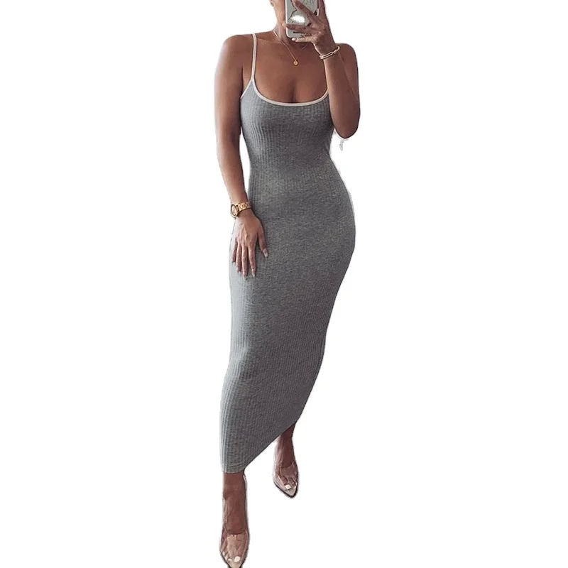 

10% Ladies Body con Cotton Rib Knit Plain Sleeveless Sexy Strap Maxi Tight Sundresses For Women dresses