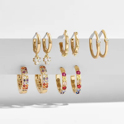 

2021 Fashion Chunky Stainless Steel 18k Gold Filled Stud Women Cuff Jewelry Big Bass Zircon Huggie Hoop Women Round Earrings Set