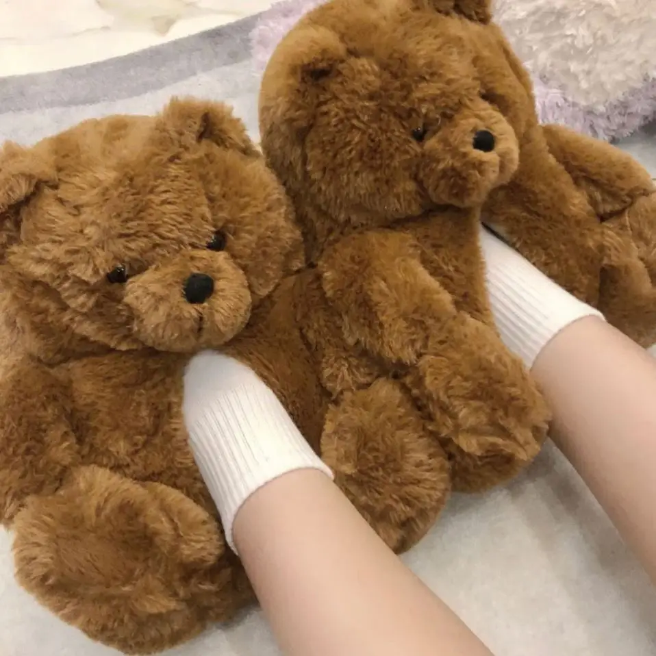 

Wholesale fluffy bear slippers kids and toddler rainbow teddy bear house slippers mommy and me teddy bear slippers, Picture