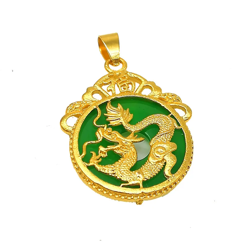 

Beautiful gold-plated green female jade dragon gold inlaid pendant, As pic