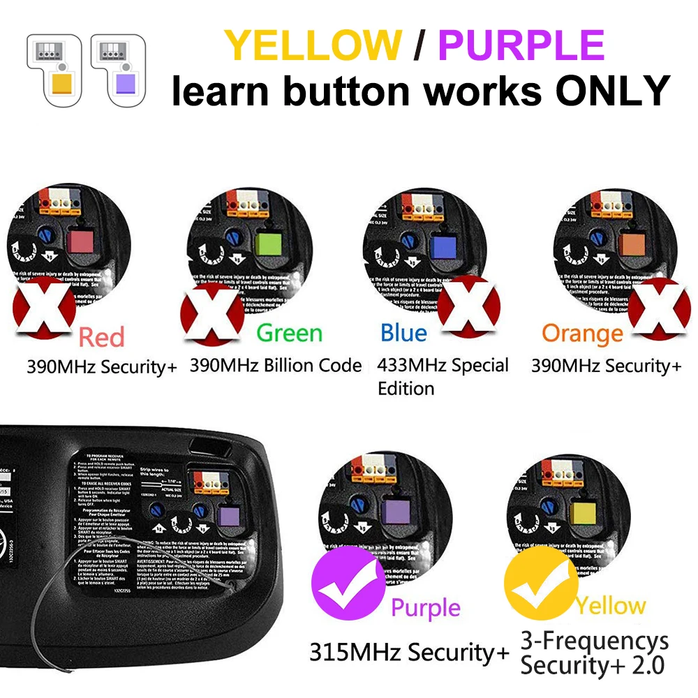 Garage Door Remote Control Yellow & Purple Learn Button Compatible With