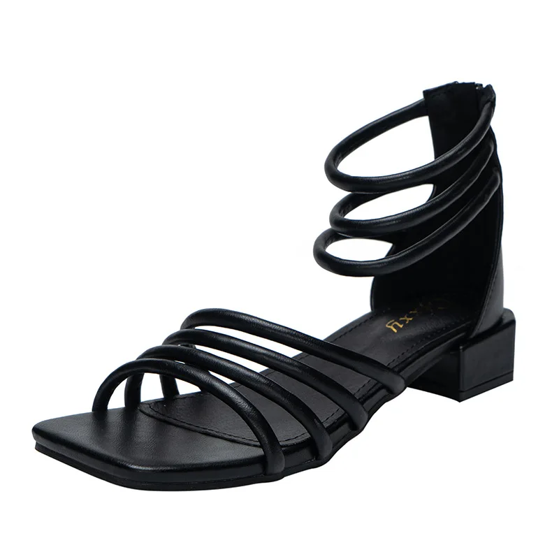 

S504F 2022 thin strap solid color outer wear thick-heeled Roman sandals women's fashion word square toe women's sandals