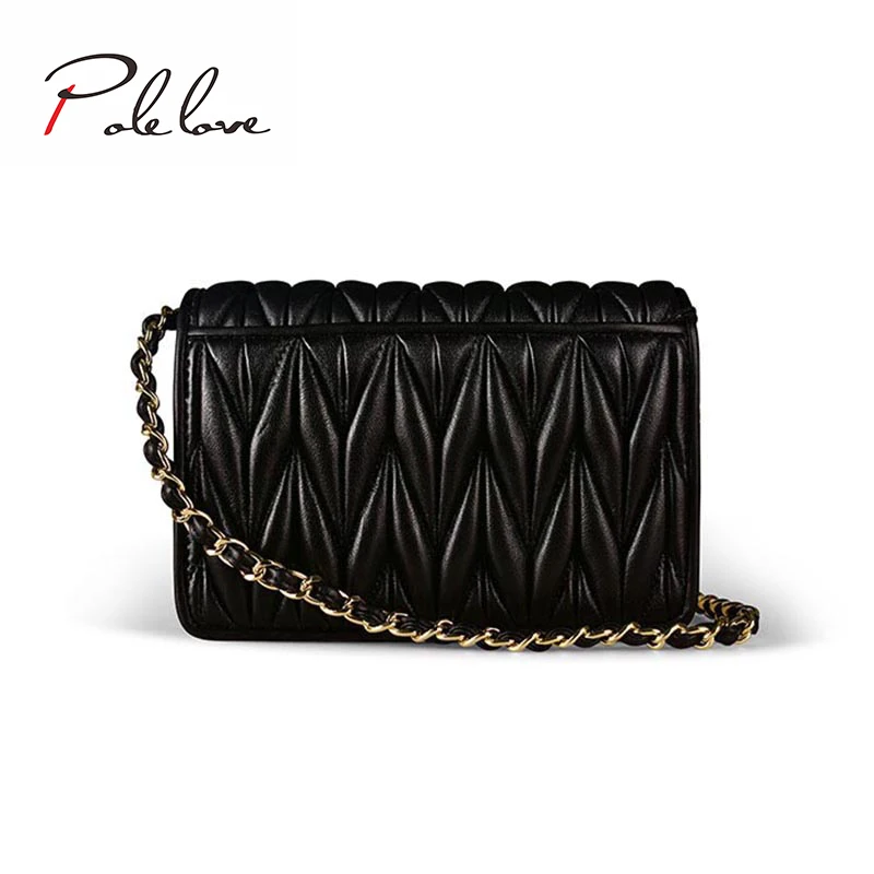 

modern natural high-quality sheepskin underarm bag celebrity elegant lady shoulder bag trendy chain fold bag, Black