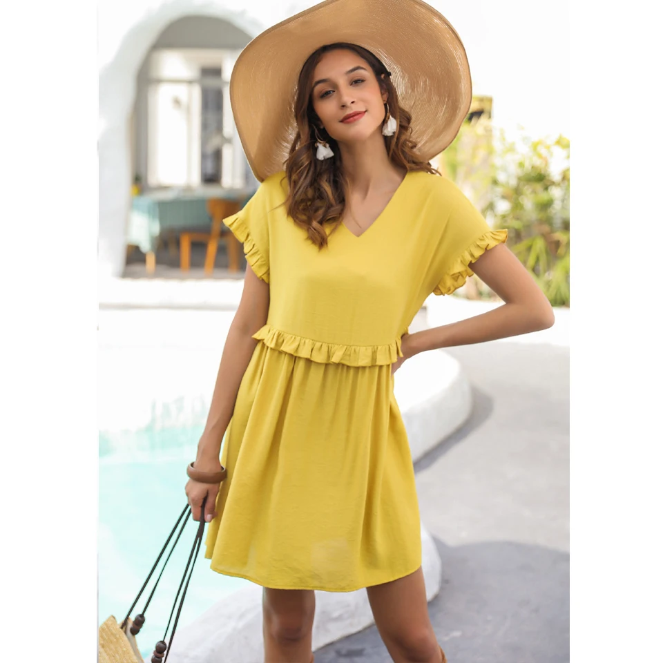 

Drop Shipping Women Loose V Neck Short Sleeve Summer Dresses Ladies Elegant Ruffle Fashion Maternity Dress Tops
