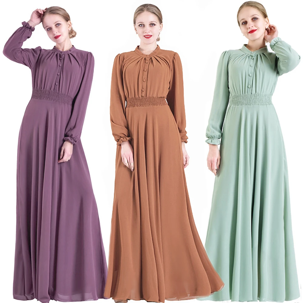 

latest stand collar long sleeve button elastic waist pleated elegant casual Muslim women dresses, Solid color as shown