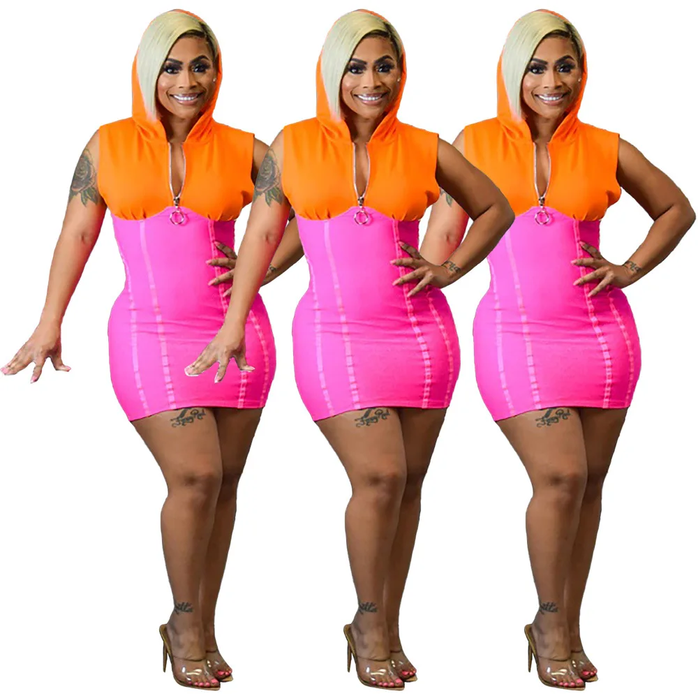 

Women Casual Bandage Dress Hoodie Zipper Neck Sleeveless Mini Dress