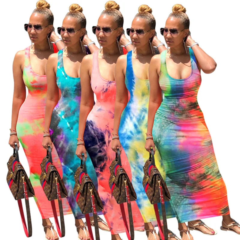 

hot sell 2021 summer fashion sexy tie dye strapless back strappy dress women halter maxi sundress European style