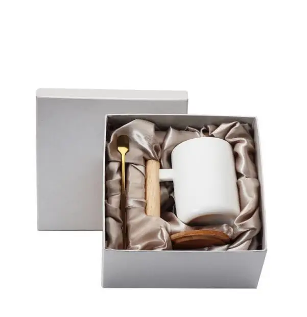 

high quality Promotional Items Custom logo Porcelain Ceramic Coffee Mug set with gift box Wooden handle Lid, Same as picture or customized