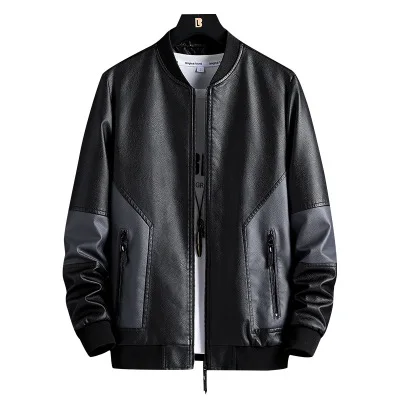 

cheap slim casual all match stand collar flight black leather jacket for men, Picture