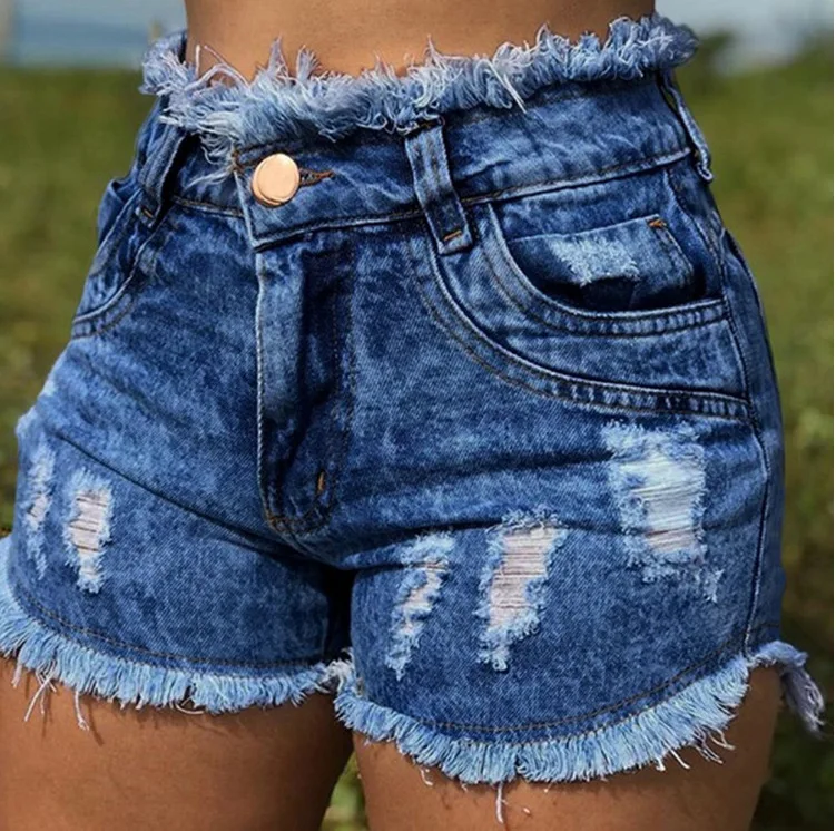 

Women Fashion High Waist Casual Short Jeans Ladies 2021 Tassel Denim Jeans Destroyed