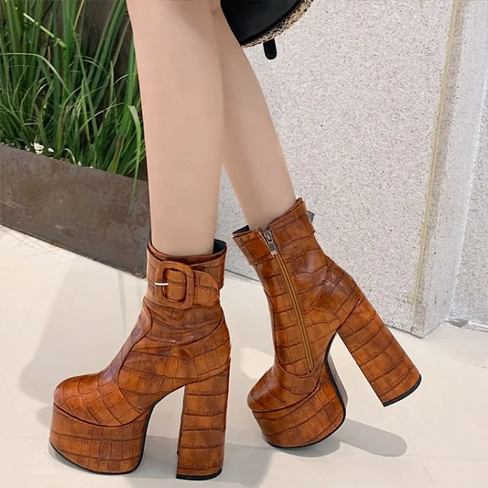 

Winter Chunky High Heel Square Toe Short Boots High Platform Anti Slippery Ladies Shoes Side Zipper Mental Buckles Ankle Boots, Black silver