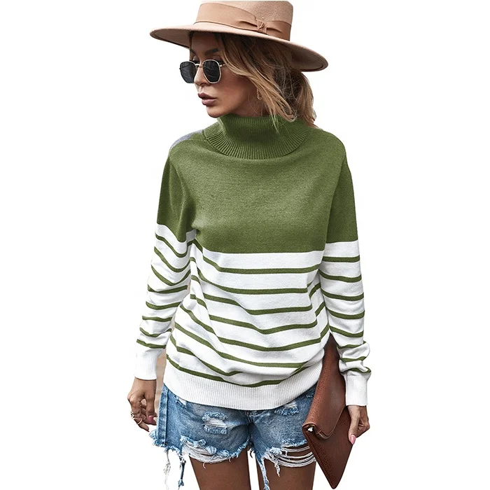 

High Quality Winter Casual Women High-necked Pullover Women Striped Turtleneck Sweater, Accept customized color
