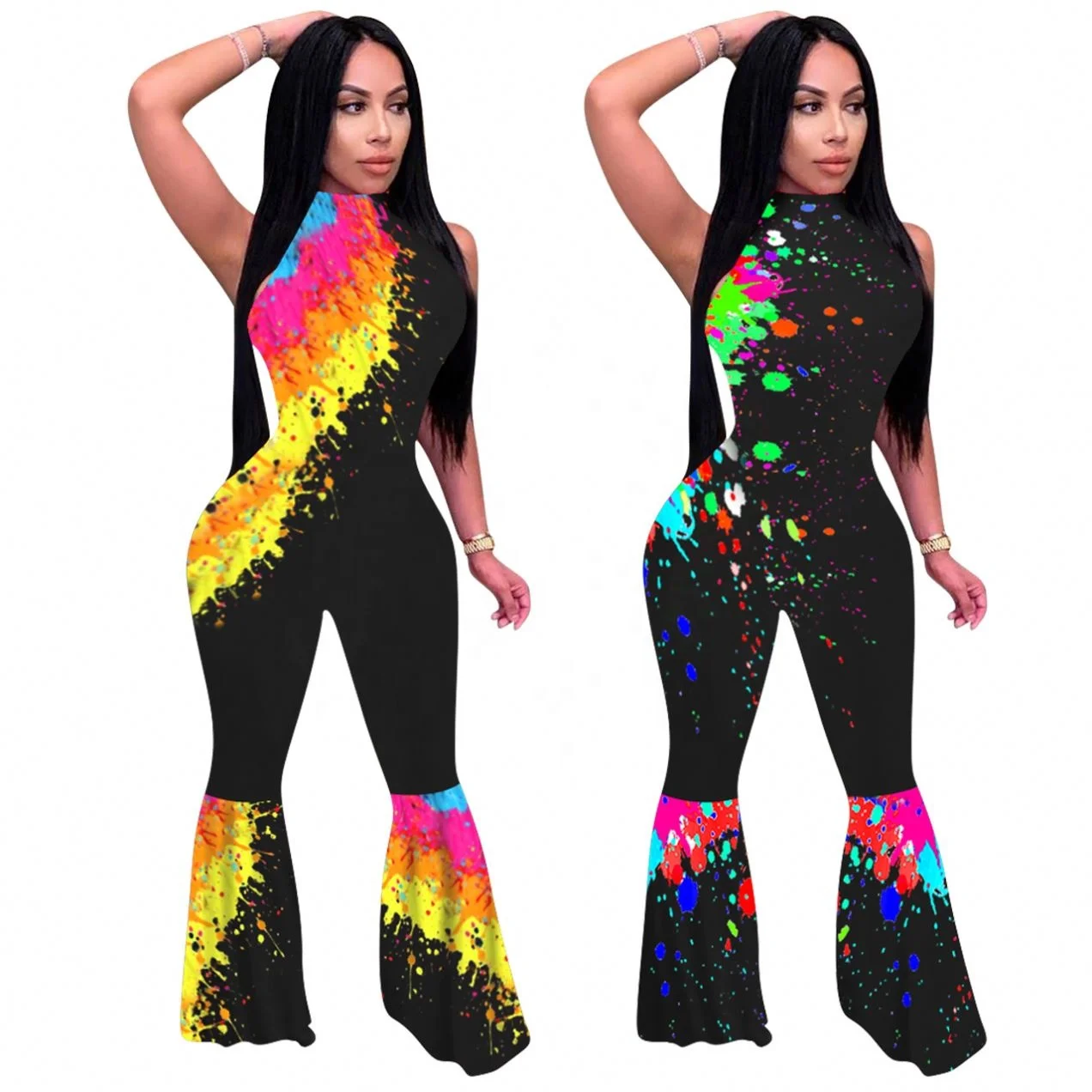 

NG157 New Ladies Fashion Sexy Flared Pants Tight Fitting Printed Strapless Ruffled Women Jumpsuit