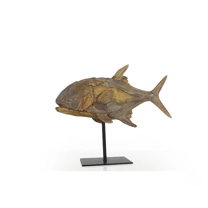 Vintage resin fish sculpture wood look with metal base table top decor factory