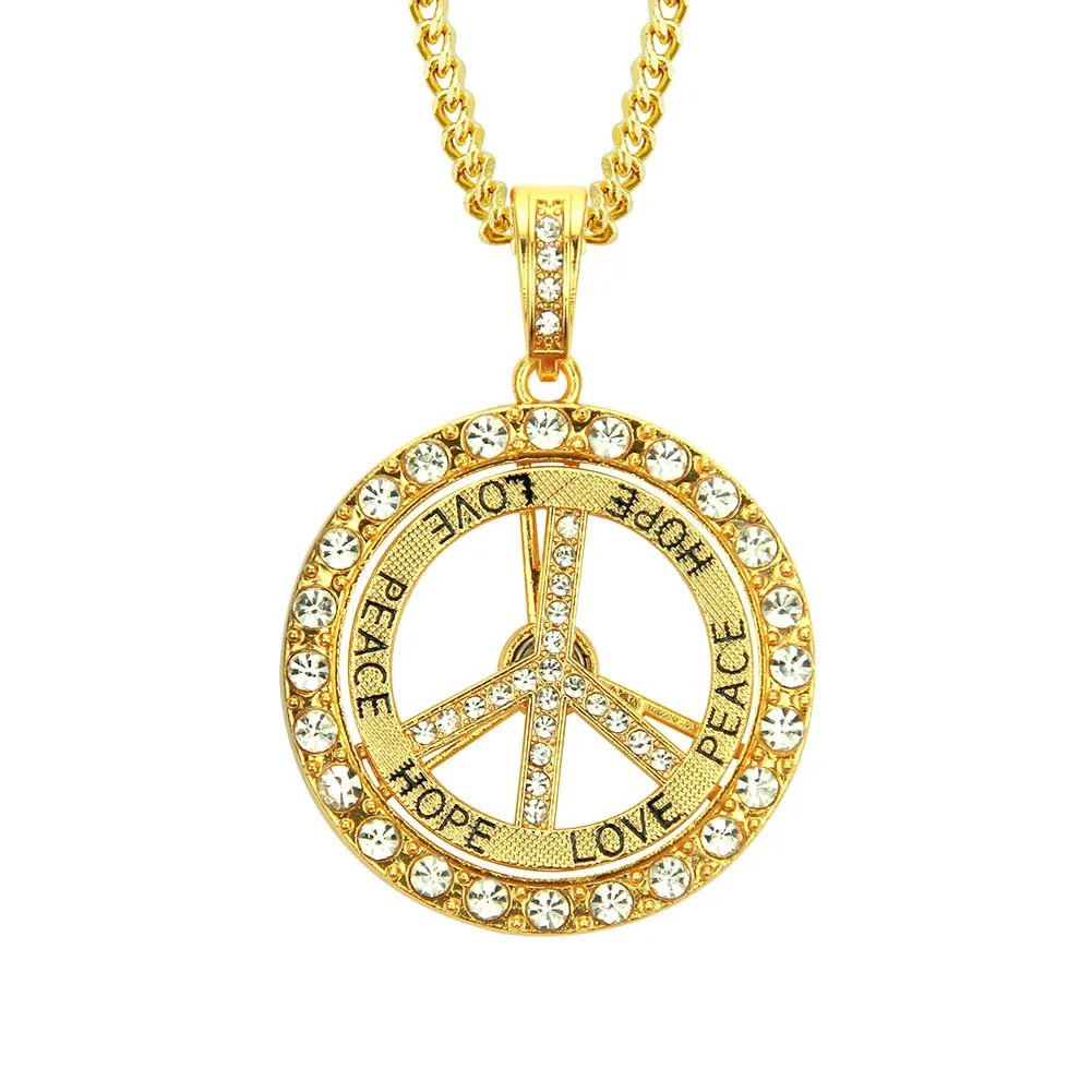 

Fashion Environmental Protection Hiphop Men Rotating Ring Vogue Crystal HOPE PEACE LOVE Pendant Jewelry Gold Necklace