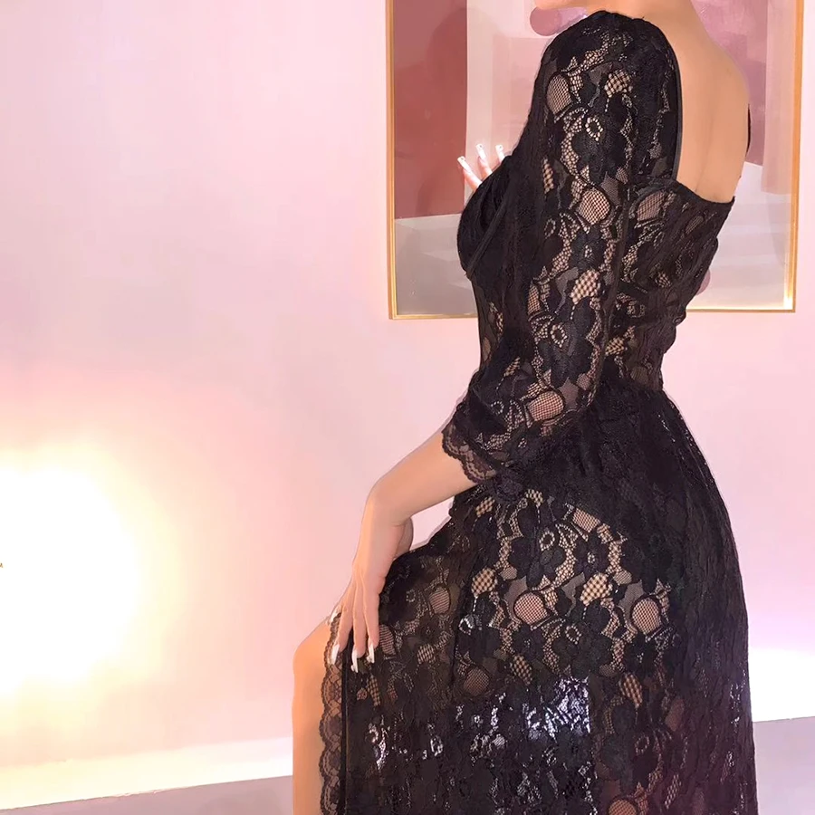 

2021 Summer sexy lace perspective low breast half sleeve female fashion forked dress club party