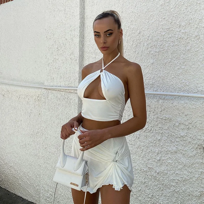 

Women Summer Suits Halter Top Hollow Out Backless Cropped Top and Ruched Ruffle Mini Skirts Solid Sexy Two Piece Sets