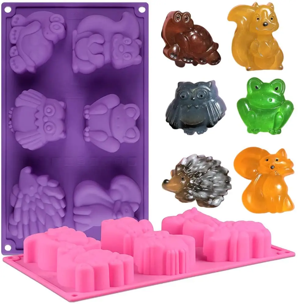 

2 animal silicone molds, frog, fox, turtle, hedgehog, owl, squirrel molds, used for chocolate candy jelly cake decoration