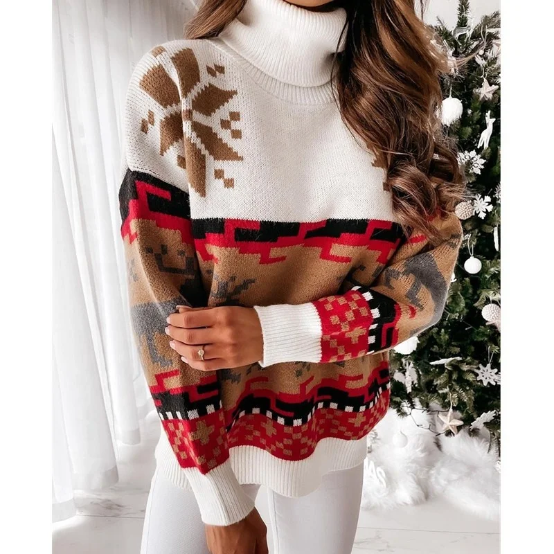 

Wholesale Christmas winter Europe and the United States New Sweater high - neck elk Christmas Jacquard Knitting Women's Sweater, 3 colors