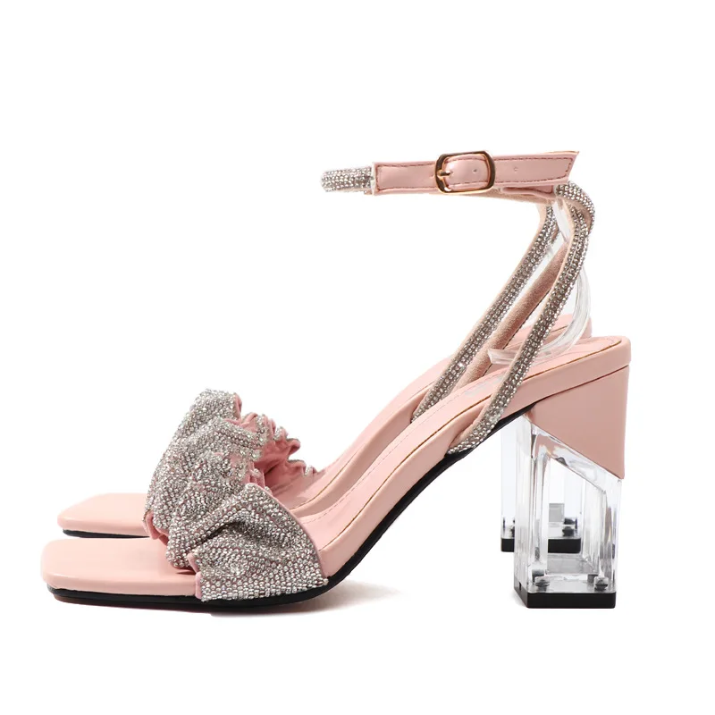 

Summer new net celebrity high heels fashion crystal with rhinestone one word high heels, Black pink beige