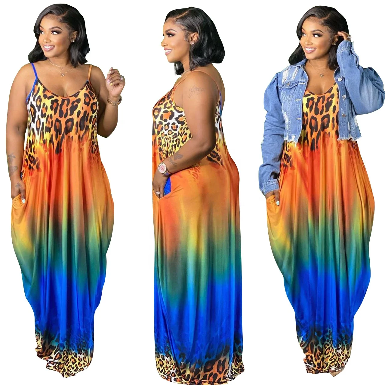 

MT106-6056 2021 Summer Spaghetti Strap Maxi Dresses Printed Casual Dresses Loose Plus Size Dresses