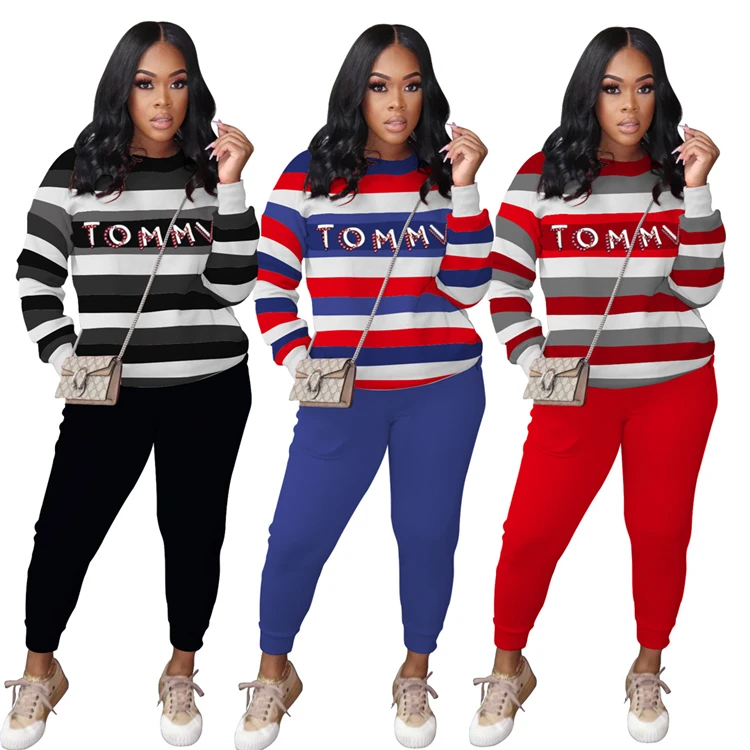 

D96276 Womens clothes 2021 long sleeve letters and stripe printed long pants set two piece causal suits