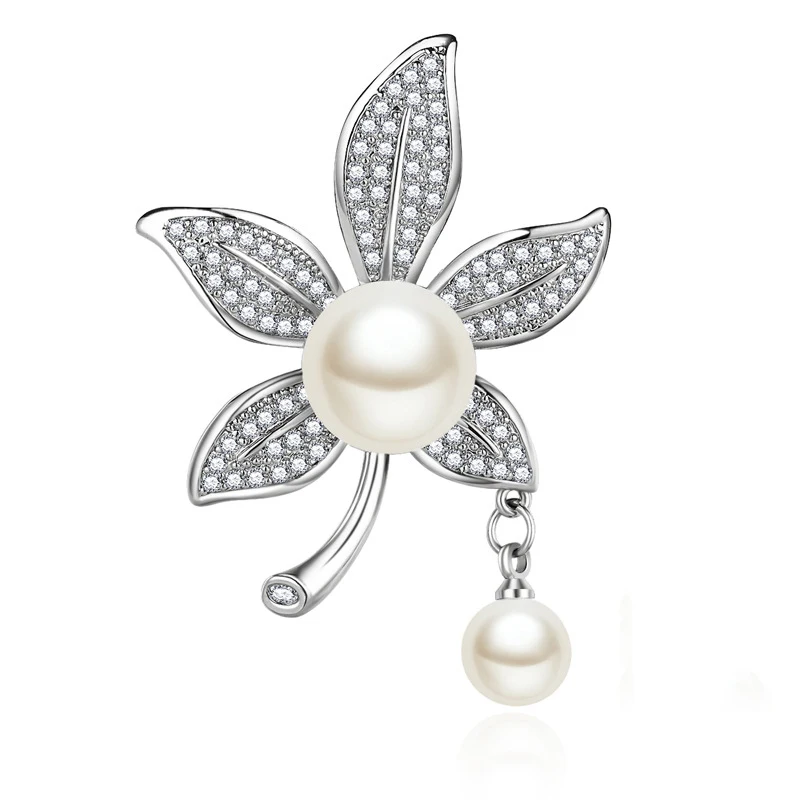 

Fashion Maple Leaf Brooches For Women 2019 Ginkgo Crystal Pearl Brooch Pins Plant Jewelry, Silver