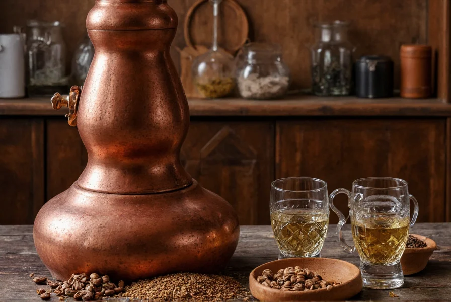 Traditional copper still used for distilling aniseed spirits with aniseed pods and glass tasting vessels
