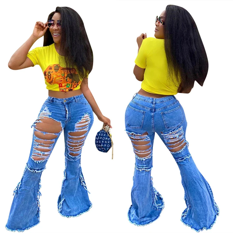 

D95285 Plus size ripped jeans flare pants womens clothing sexi ladi
