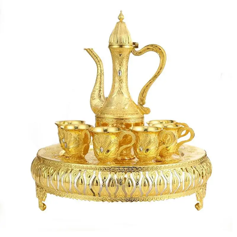 

QIAN HU Decoration Home Turkish Cast Iron Coffee Tea Set Inter Crystal Stone with Teapot Tray and 6 Cups, Brozen