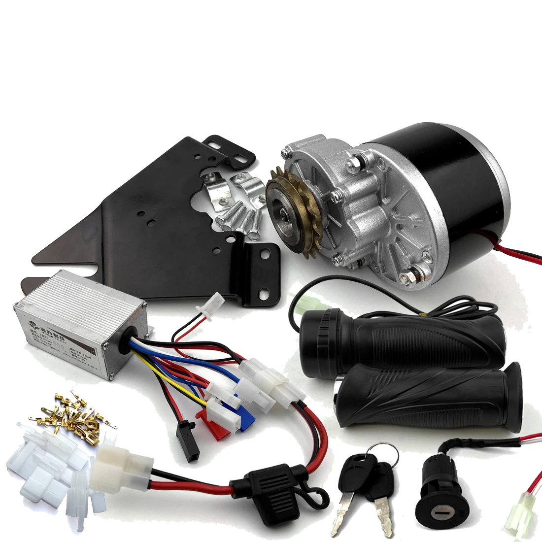 

24V250W Gear Motor With Flywheel Sprocket And Controller With Fuse Cable Black Throttle Handle Key Switch