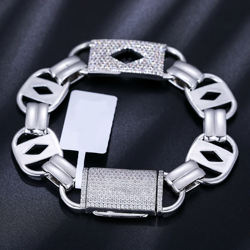 

New Arrival Hip Hop Jewelry 15mm 925 Sterling Silver VVS Moissanite Diamond Iced Out Men's Chain Link Bracelet