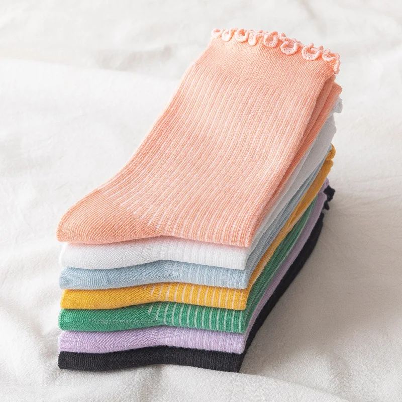 

Wholesale japanese style candy color wavy rib crew cotton cute custom girls socks, As pic