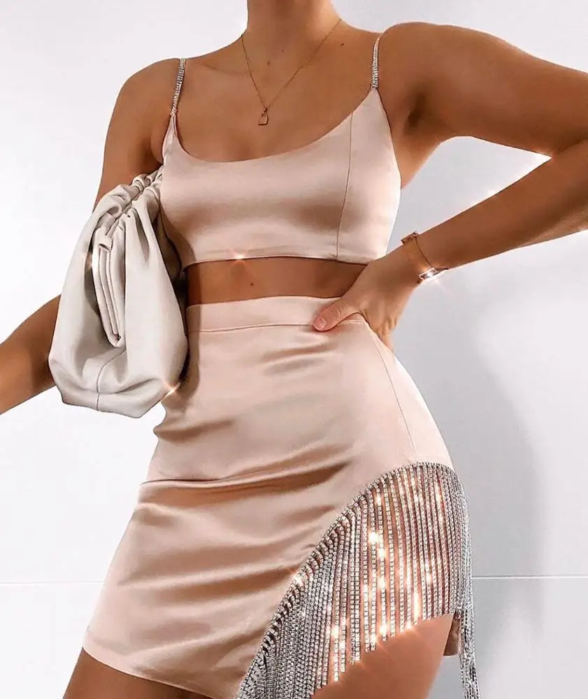 2020 Summer Hot Diamond Two Pieces Spaghetti Strap Crop Top And Mini Skirts Sexy 2 Piece Set Women Outfit