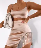 

2020 Summer Hot Diamond Two Pieces Spaghetti Strap Crop Top And Mini Skirts Sexy 2 Piece Set Women Outfit