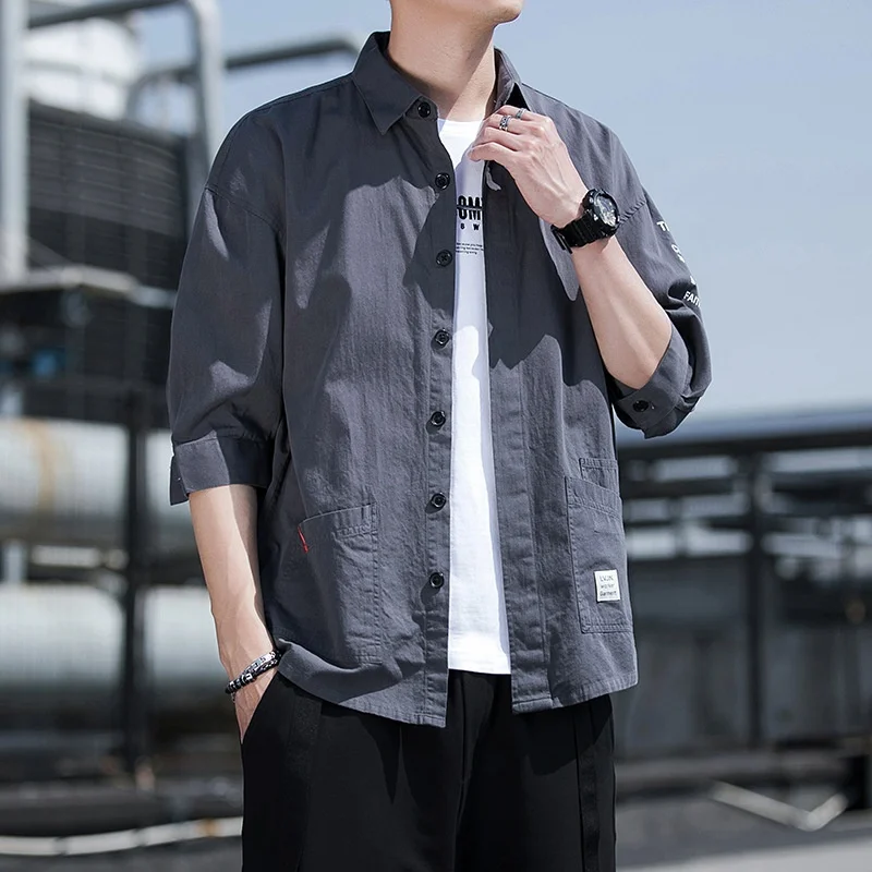 

Summer clothes 3/4 sleeve shirt Men's Korean style loose handsome trendy short sleeves