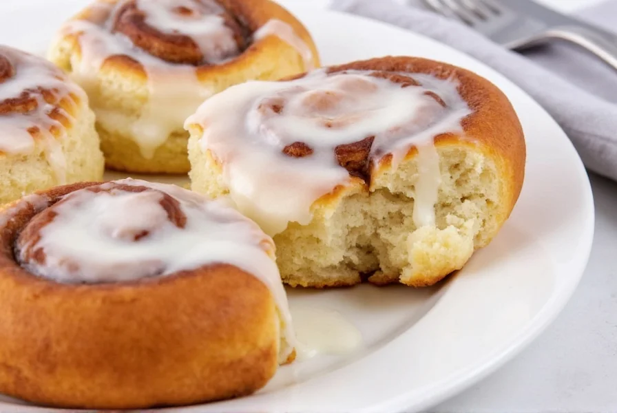 Close-up of golden brown cinnamon rolls with heavy cream glaze dripping down the sides, showing the tender crumb structure