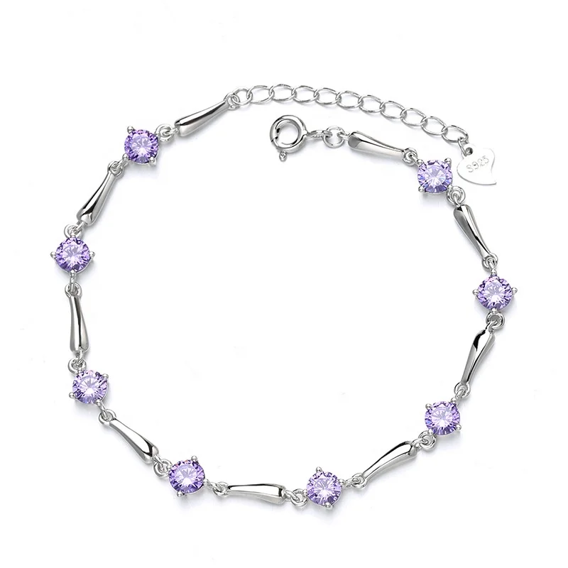 

S925 Label High Quality Austria Crystal Jewellery Fashion Women 925 Sterling Silver Amethyst Bracelet, Purple, blue