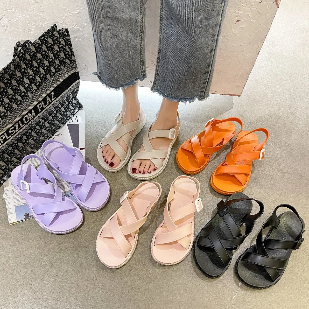 

Women female adjustable beach open toe flat ankle strap customize candy color roman style sandals shoes, As per customers' requirements