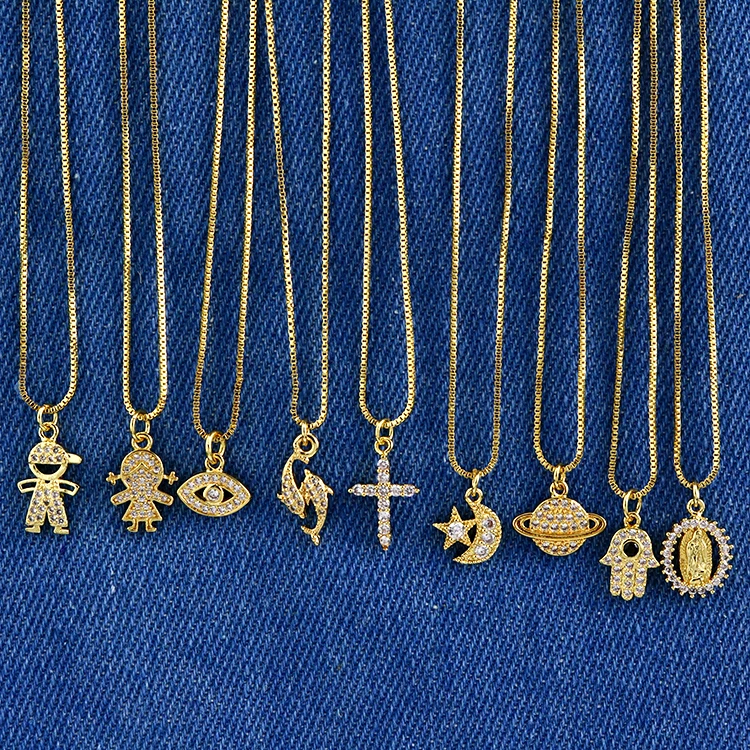 

NZ1097 Dainty Mini CZ Micro Pave Charm Necklace Gold Women Jewelry Diamond Cross Heart Pendant Chain Necklace