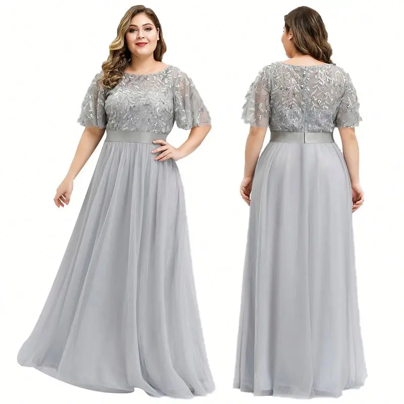 

Plus Size Fat Ladies Elegant Solid Color Embroidery Lace Mesh dresses Short Sleeve Women Bridesmaid Formal Evening Maxi Dress, White/gray/green/black/burgundy/deep blue/pink/navy blue/golden