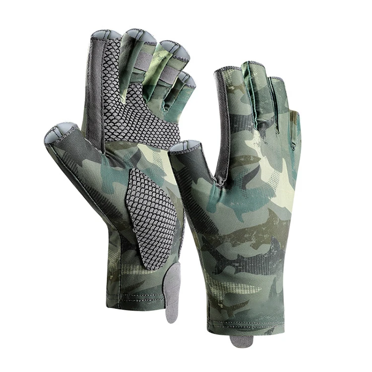 

UPF50+SPF UV Sun Protection Outdoor Non-Slip Bass Fly Fishing Cooling Camouflage Fingerless Gloves for Men and Women