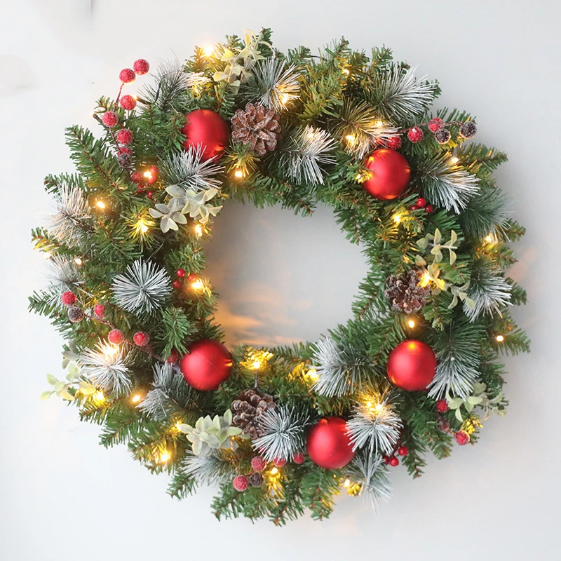 

Custom 60cm Christmas Wreath Pvc With Red Berry PE Leaf 50 LED light Artificial Garland Pine Cone Front Door Wall Hanging Decor