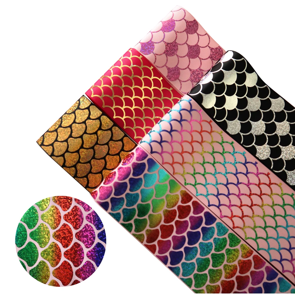 

Laser colorful gold foil fish scale 3 inch custom printed grosgrain ribbon