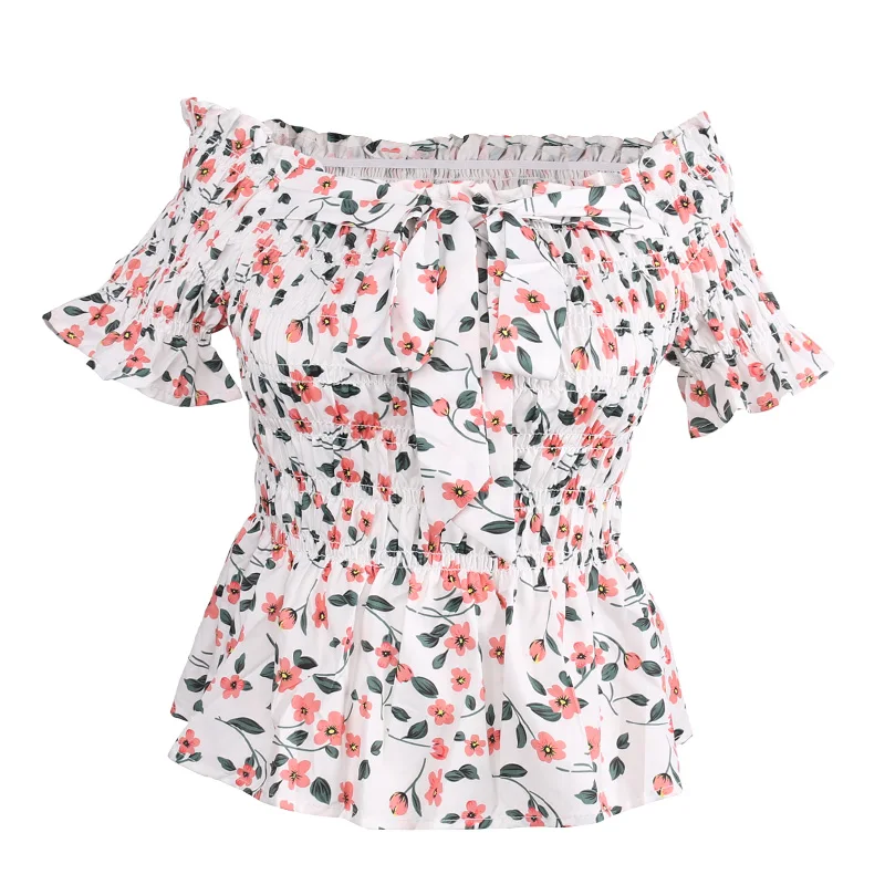 

2021 new arrival ladies Women Square Neck Tops Foral Print Puff short Sleeve Off Shoulder Tie Crop Top with bow front